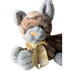 A&A Plush Tabby Cat Stuffed Animal Brown Grey Striped Gold Bow Vintage Toy Lay